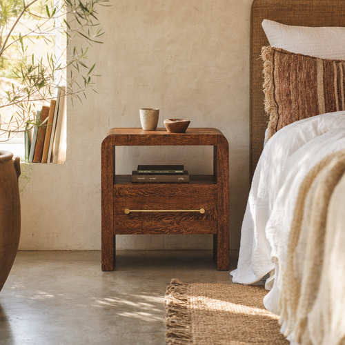 Aurelio Smoked Oak Open Bedside Table — lifestyle photo