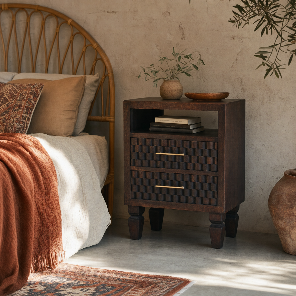 Cadiz Carved Bedside Table — lifestyle photo