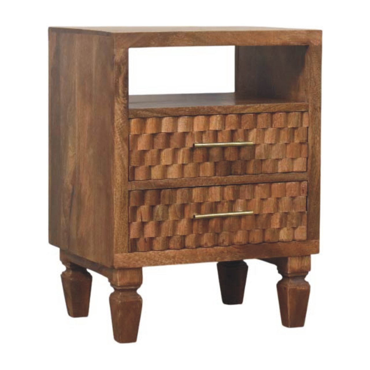 Cadiz Carved Open-Shelf Bedside Table — front three-quarter view