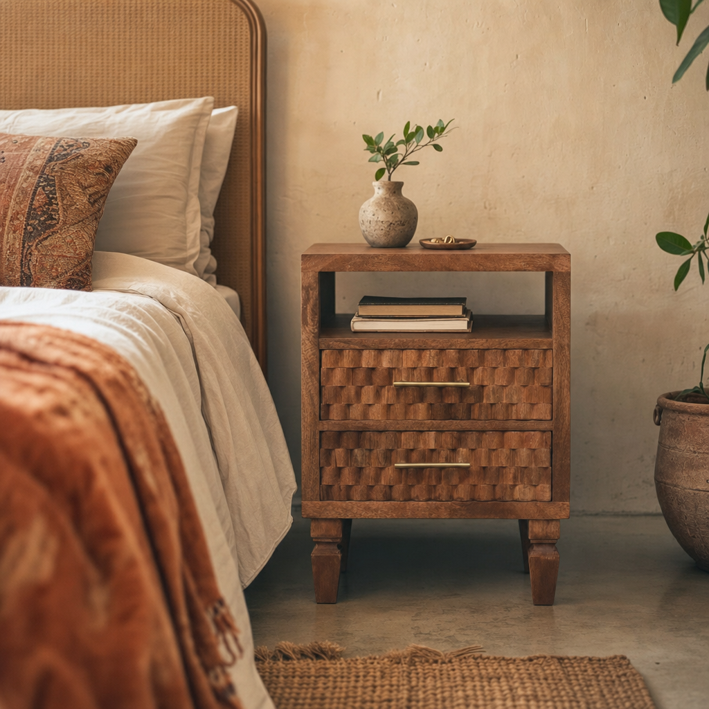 Cadiz Carved Open-Shelf Bedside Table — lifestyle photo
