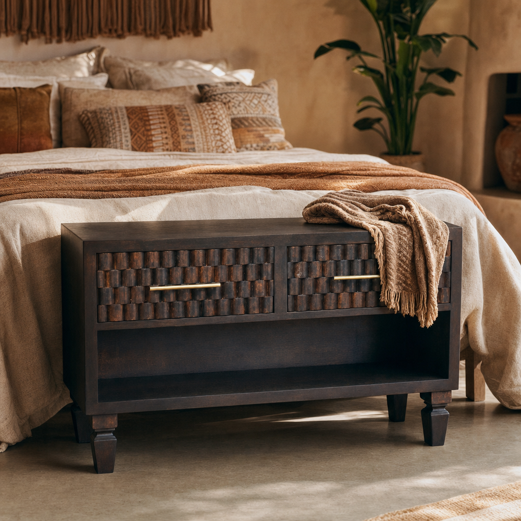 Cadiz Carved Shoe Storage Bench — lifestyle photo