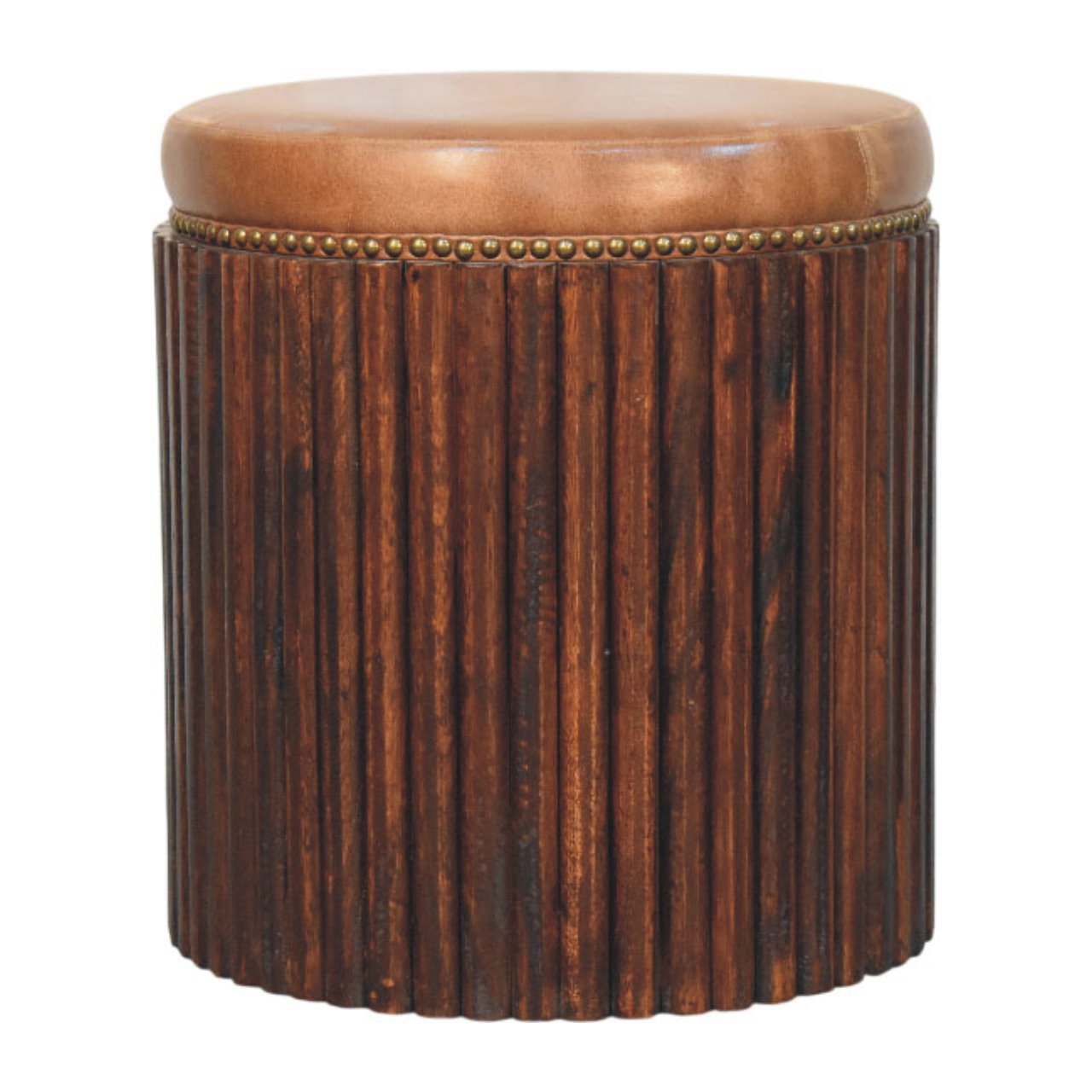 Ribbed Leather Accent Stool — main view, handcrafted solid mango wood