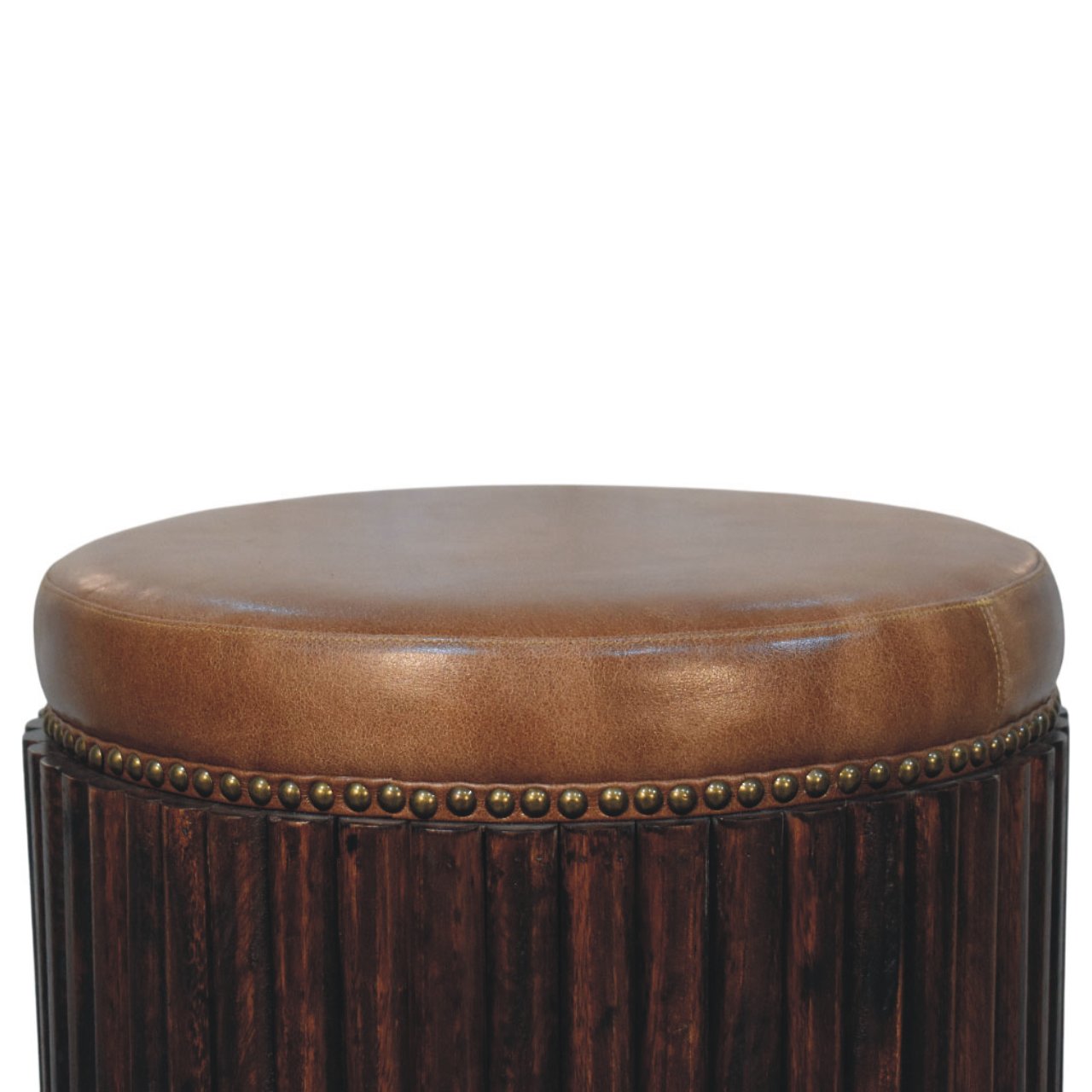 Ribbed Leather Accent Stool | Solid Mango Wood