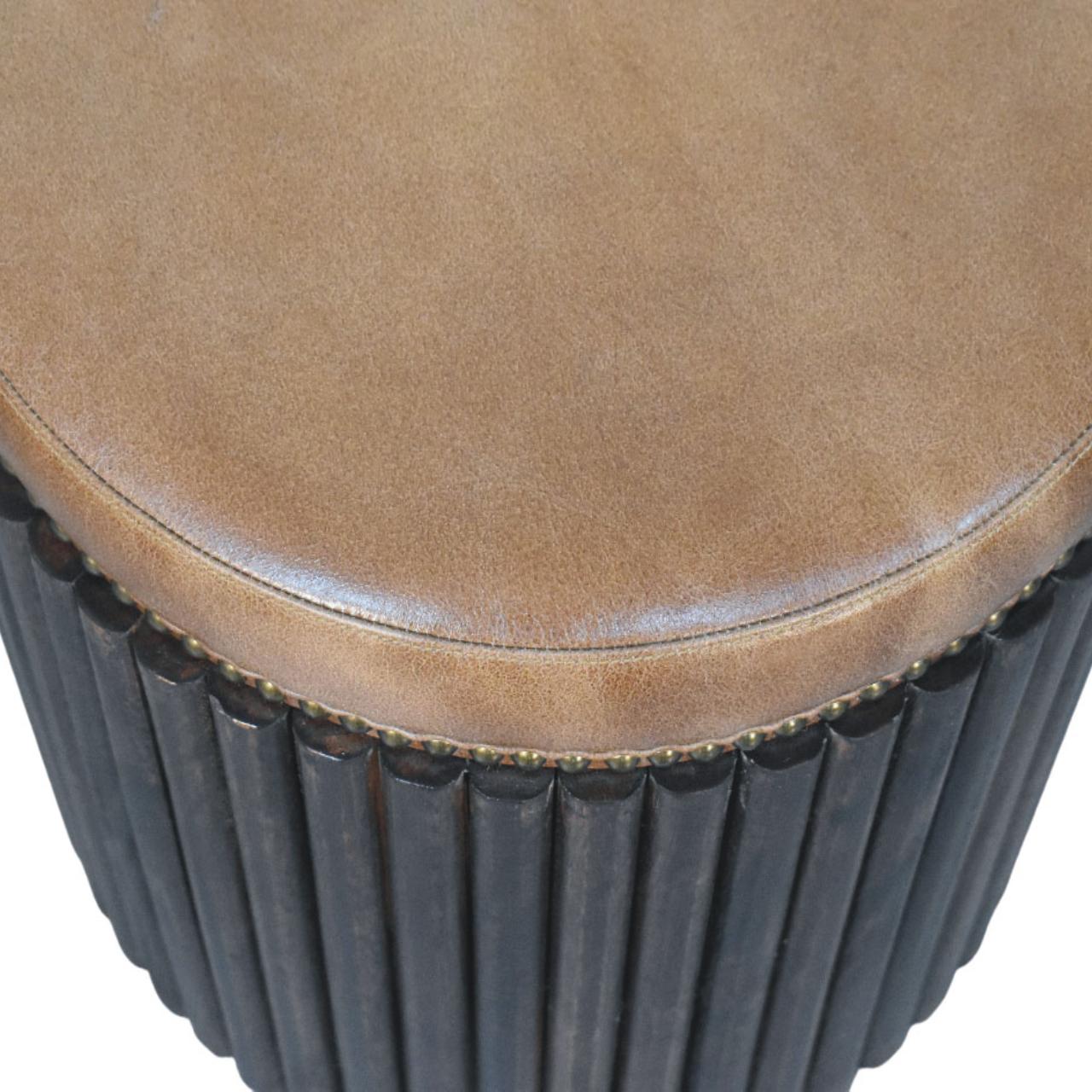 Ribbed Leather Accent Stool | Solid Mango Wood