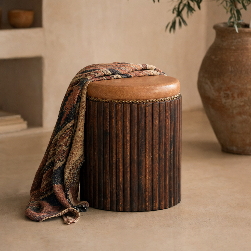 Ribbed Leather Accent Stool — lifestyle photo