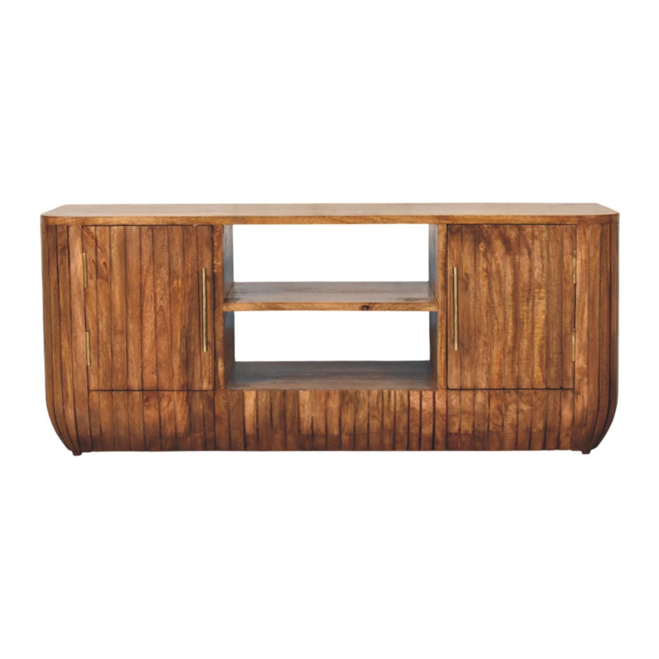 Fluted Media Console with Shelves — main view, handcrafted solid mango wood