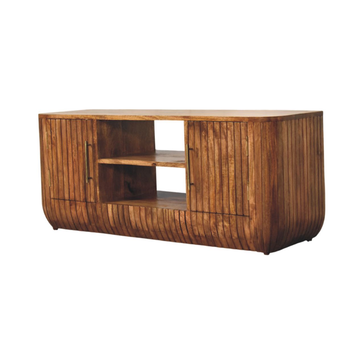 Fluted Media Console with Shelves | Solid Mango Wood