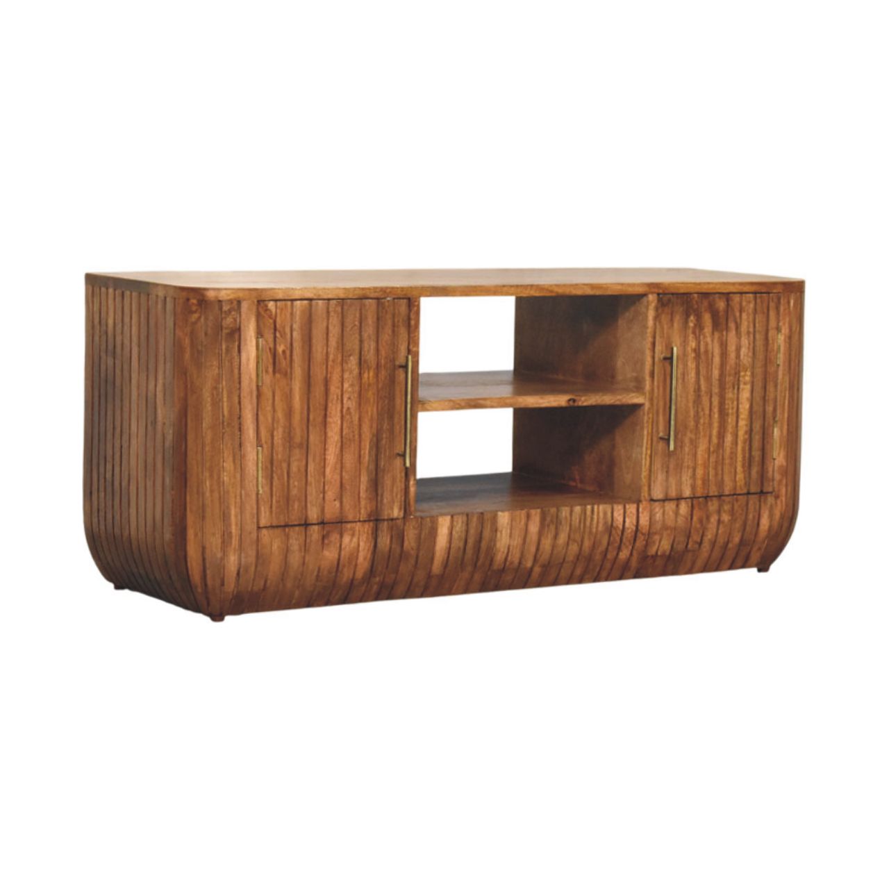Fluted Media Console with Shelves — side angle