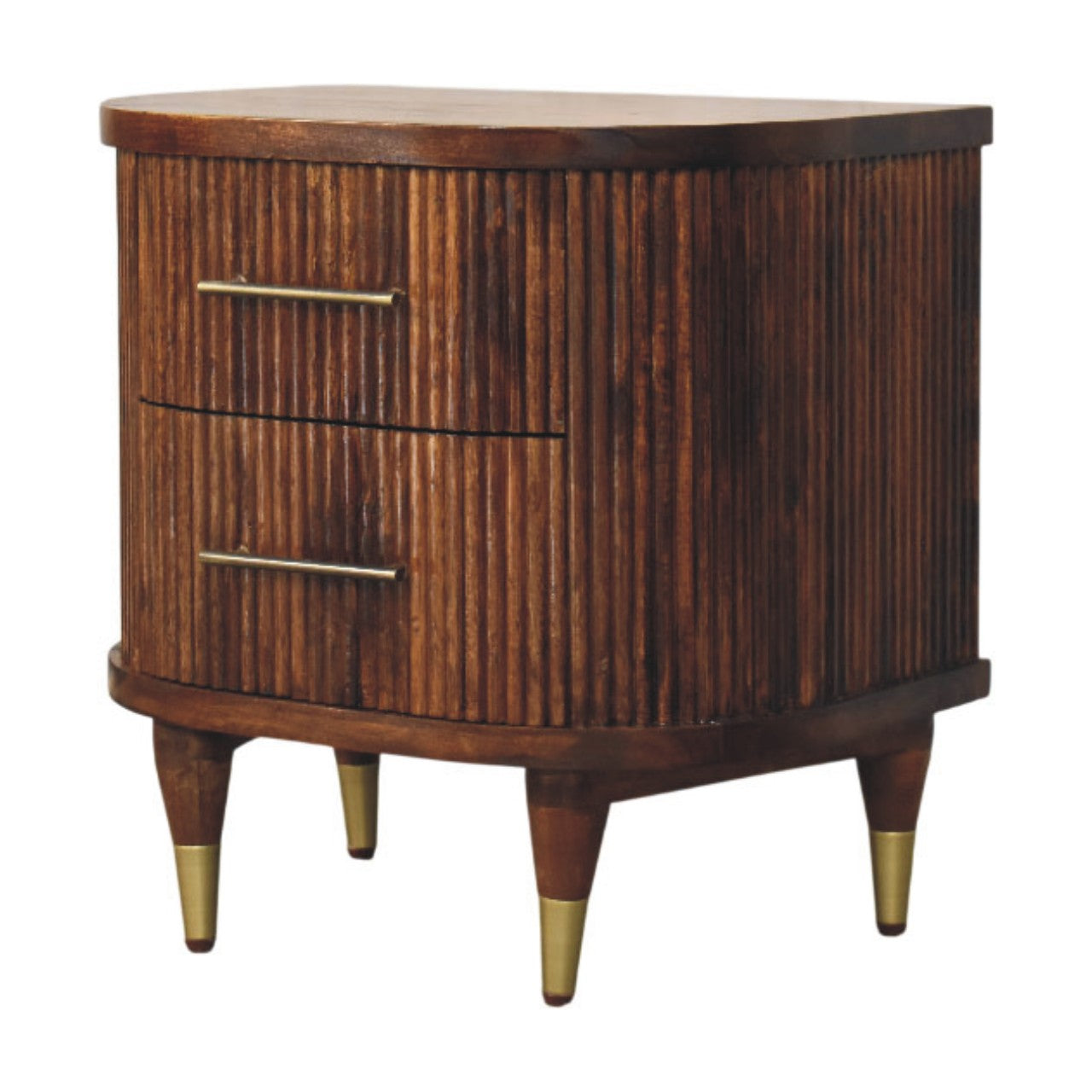 Ribbed Bedside Table with Brass Handles | Solid Mango Wood