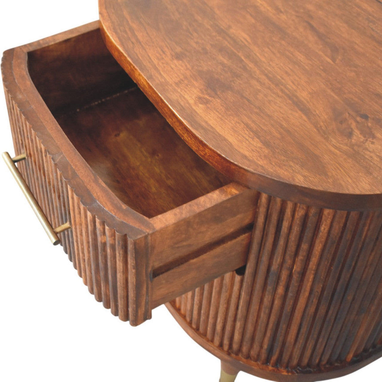 Ribbed Bedside Table with Brass Handles | Solid Mango Wood
