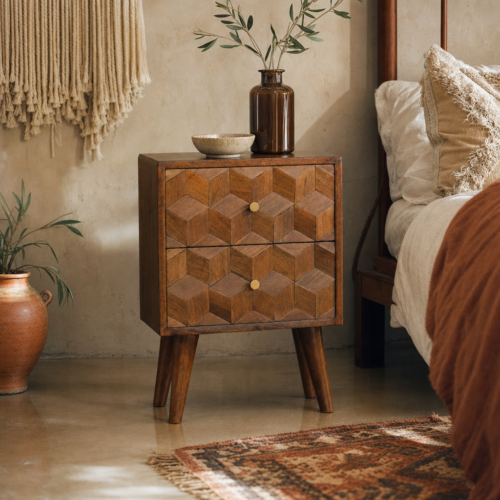 Chestnut Cube Carved nightstand — lifestyle photo
