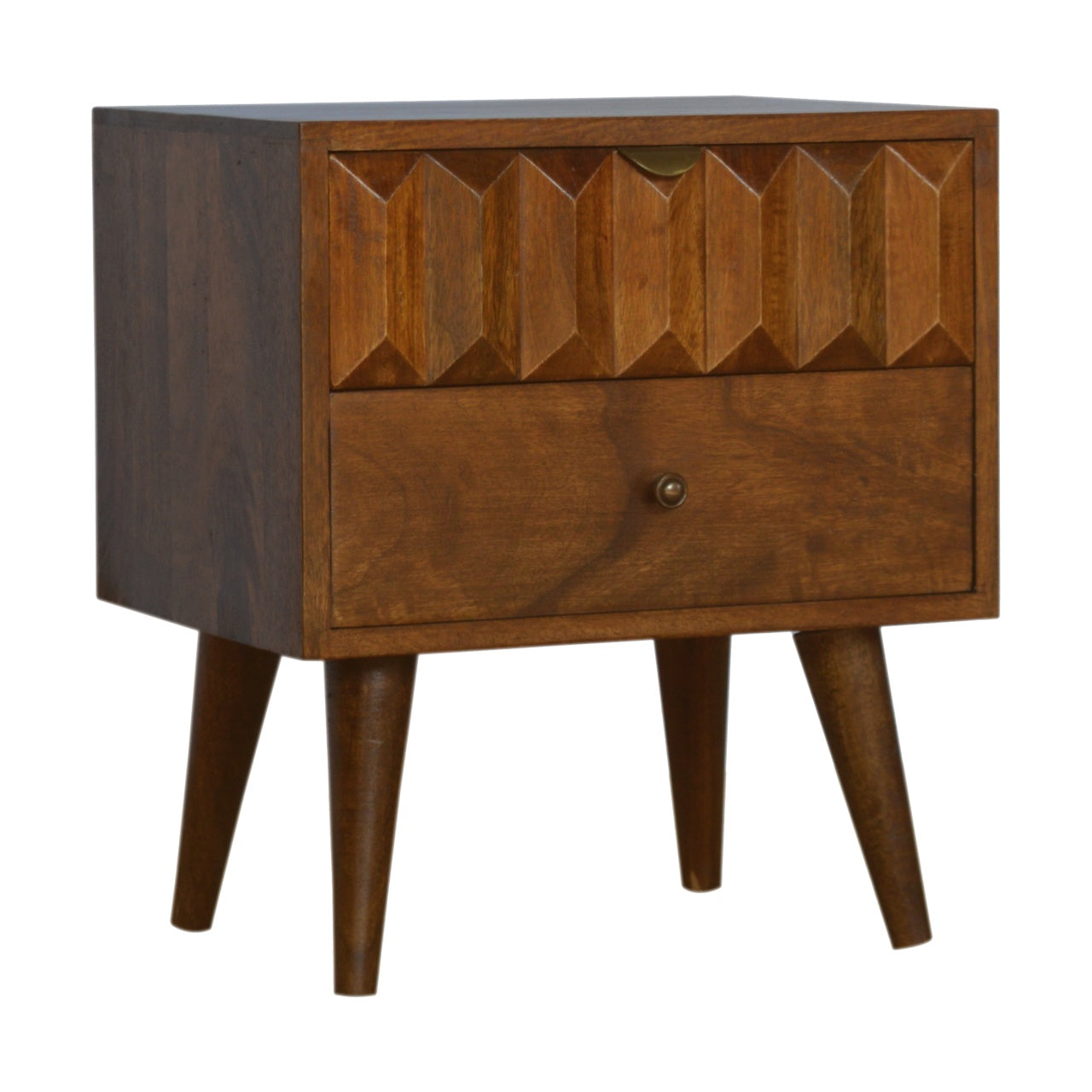 Chestnut Prism nightstand — front three-quarter view