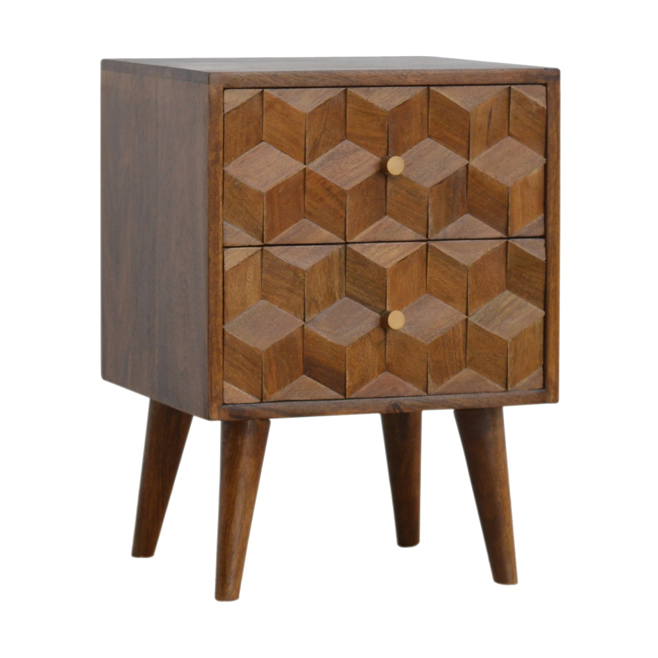 Chestnut Cube Carved nightstand | Solid Mango Wood