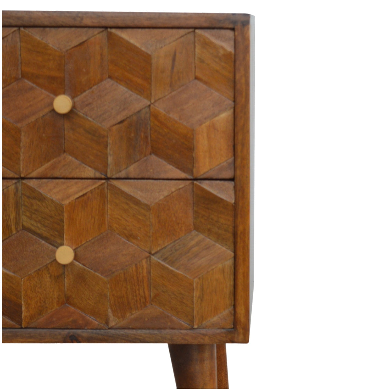 Chestnut Cube Carved nightstand | Solid Mango Wood