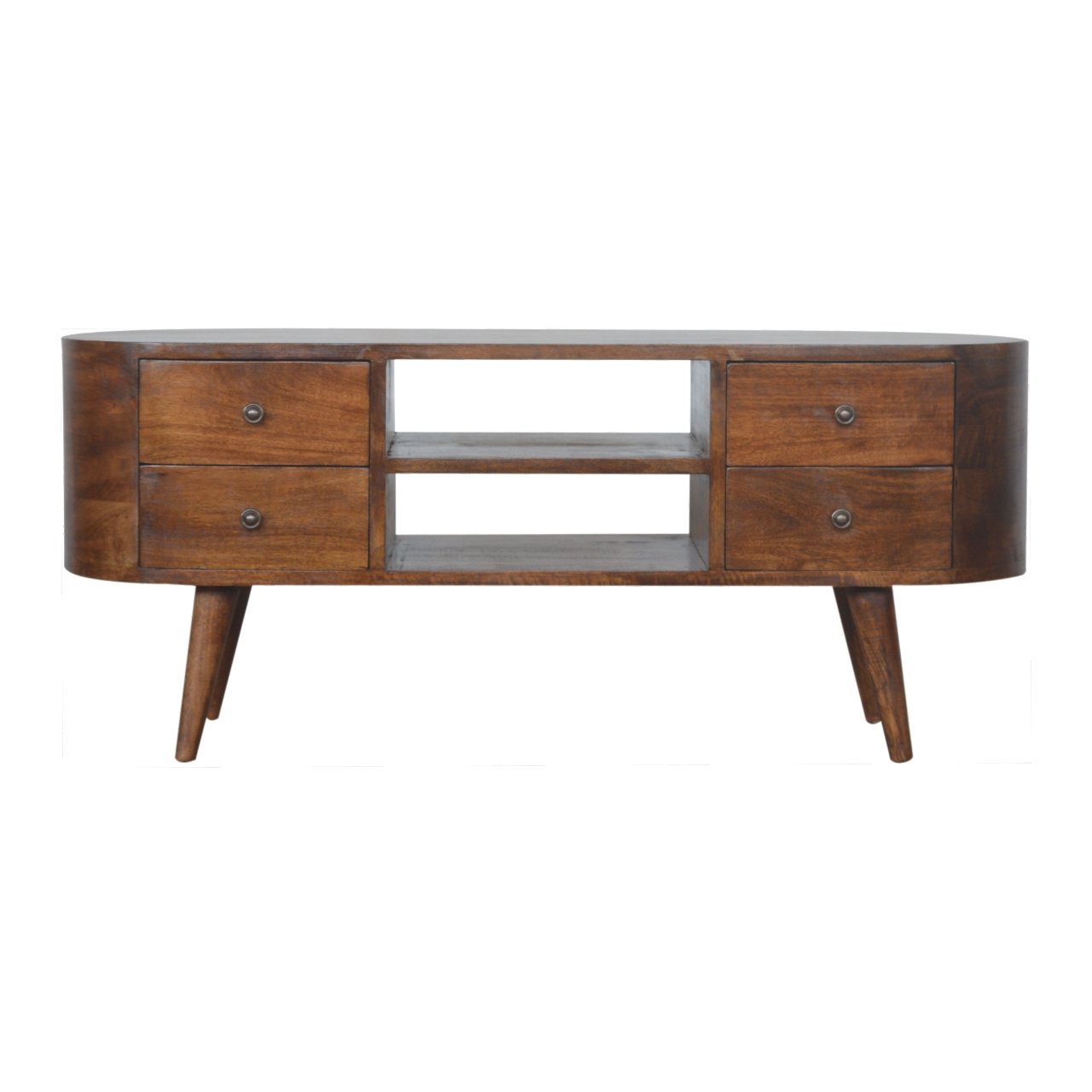 Chestnut Rounded Entertainment Unit — main view, handcrafted solid mango wood