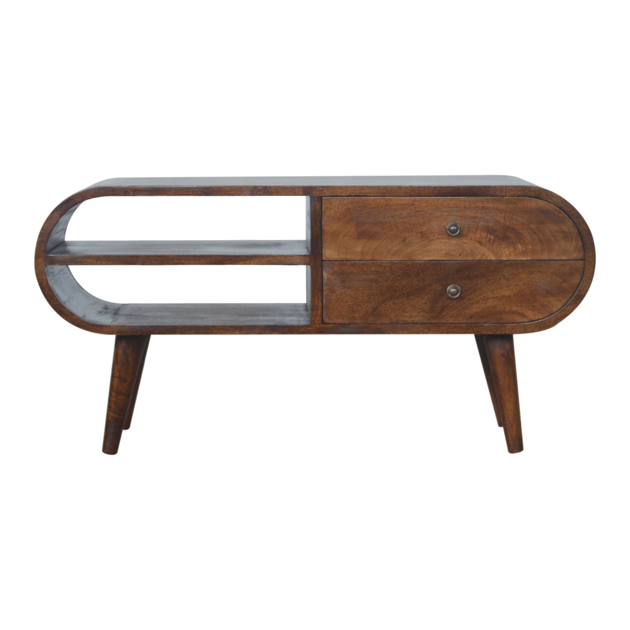 Chestnut Circular Media Unit — main view, handcrafted solid mango wood