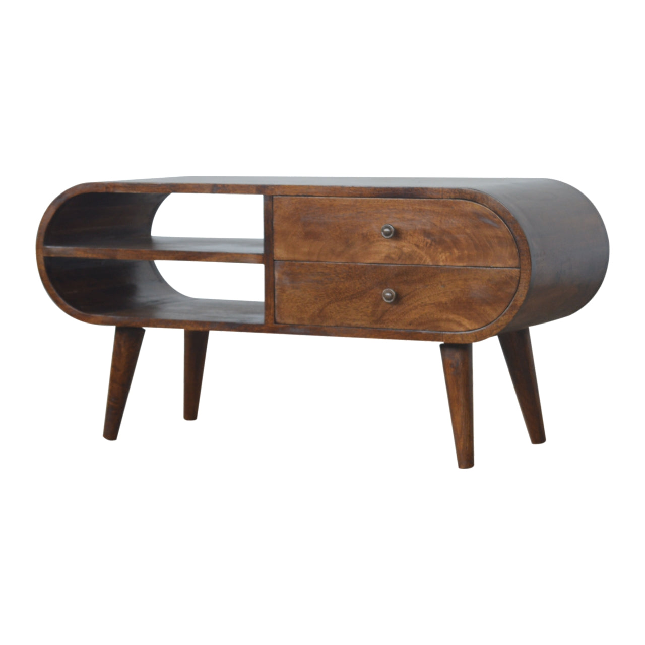 Chestnut Circular Media Unit — front three-quarter view